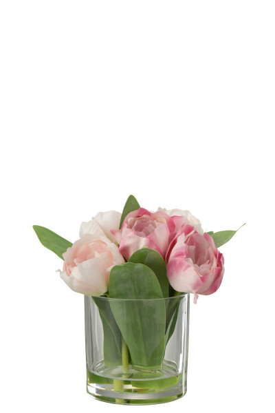 TULIPES EN VASE VERRE ROSE H19.5CM